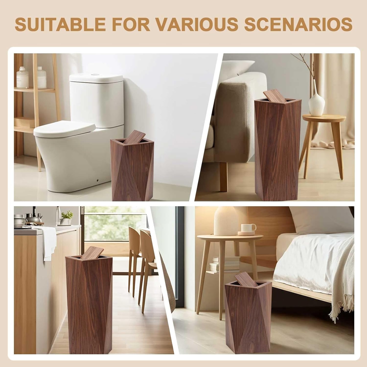 Drsyffsup Walnut Wood Narrow Garbage Bin | Office Trash Cans for Near Desk | Durable Diamond Shaped Trash Can | Rubbish Container Paper Basket Garbage Cans with Lids | Bathroom Bedroom Wastebasket