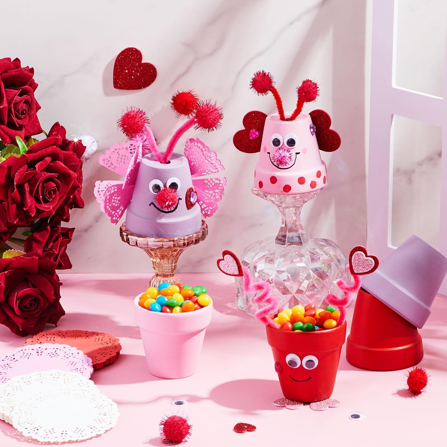 Teenyyou 556 Pcs Spring DIY Crafts Kit Flower Pot Craft Kit with Colorful Hearts and Pom Poms for Spring's Day Art Decoration Activities Gifts Exchange (Purple,Pink,Red)