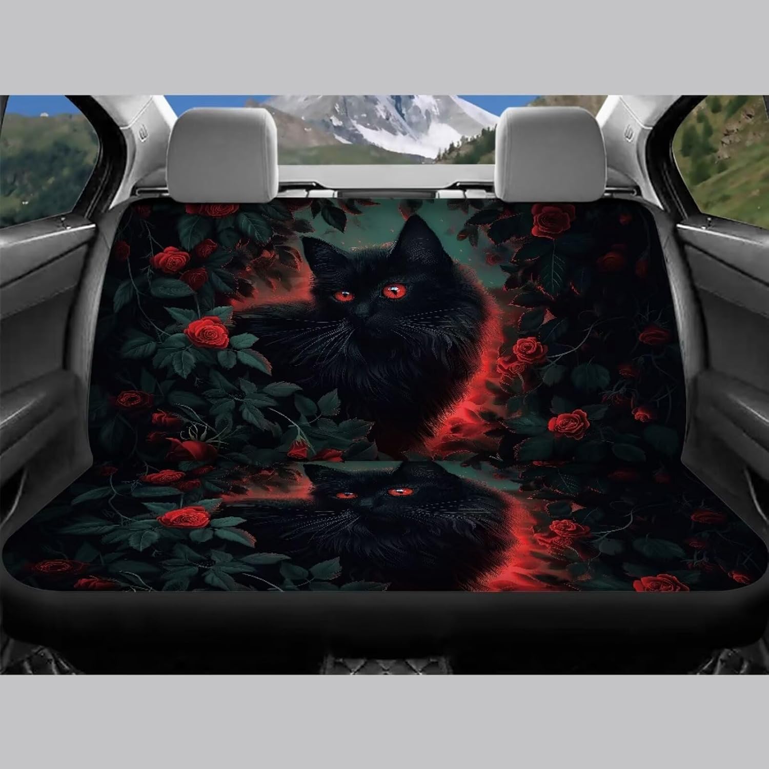 Black Cat Red Rose Seat Covers for Cars with Matching Back Seat Cover Interior Car Accessories Full Set