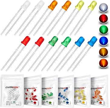 CHANZON 60 pcs6 Colors x 10 pcs 3mm LED Diode Lights Assored Kit Pack Diffused Round DC 3V 20mA Lighting Bulb Lamps Electronics Components 3 mm Light Emitting Diodes Parts