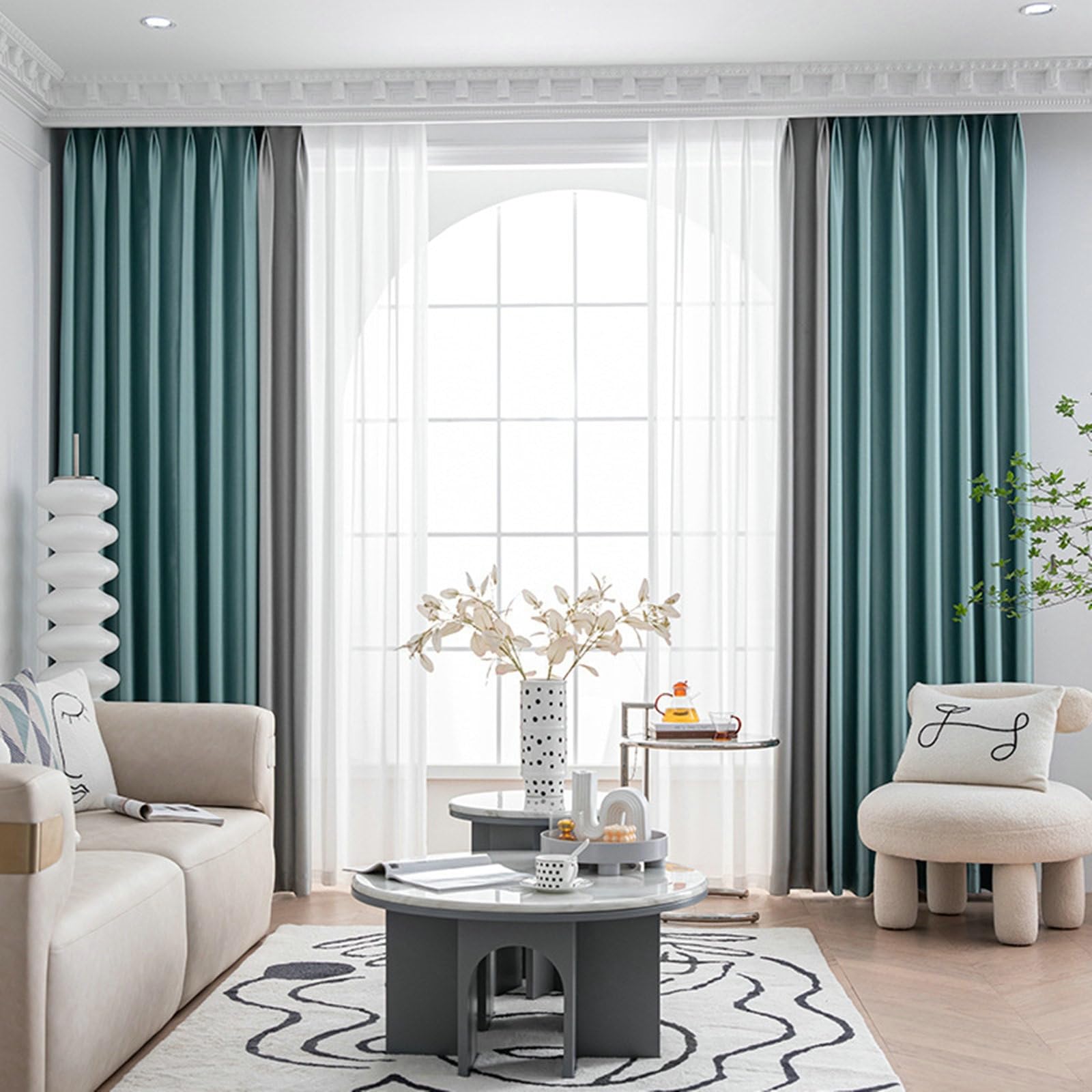 Cortinas de cocina de poliéster de dos colores con ojal gris verdoso, 132 x 183 cm, 2 unidades