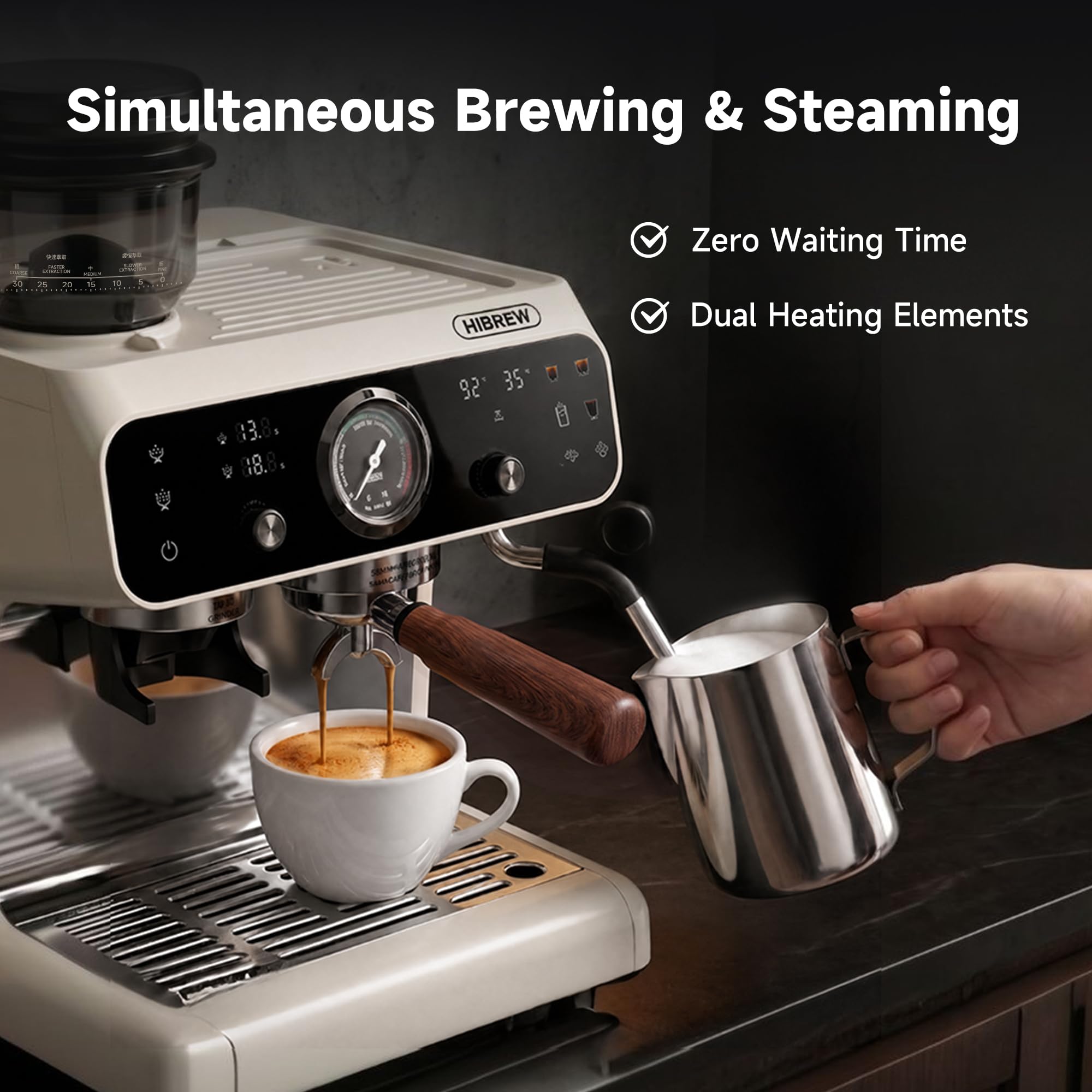Hibrew H7B Espresso Machine with Built-in Grinder, 30-Position Conical Burr, Dual Heating System, PID Control, 58 mm Portafilter, 2800 W Steam Wand, 2,8 L Water Tank – Semi-Automatic Coffee Maker for