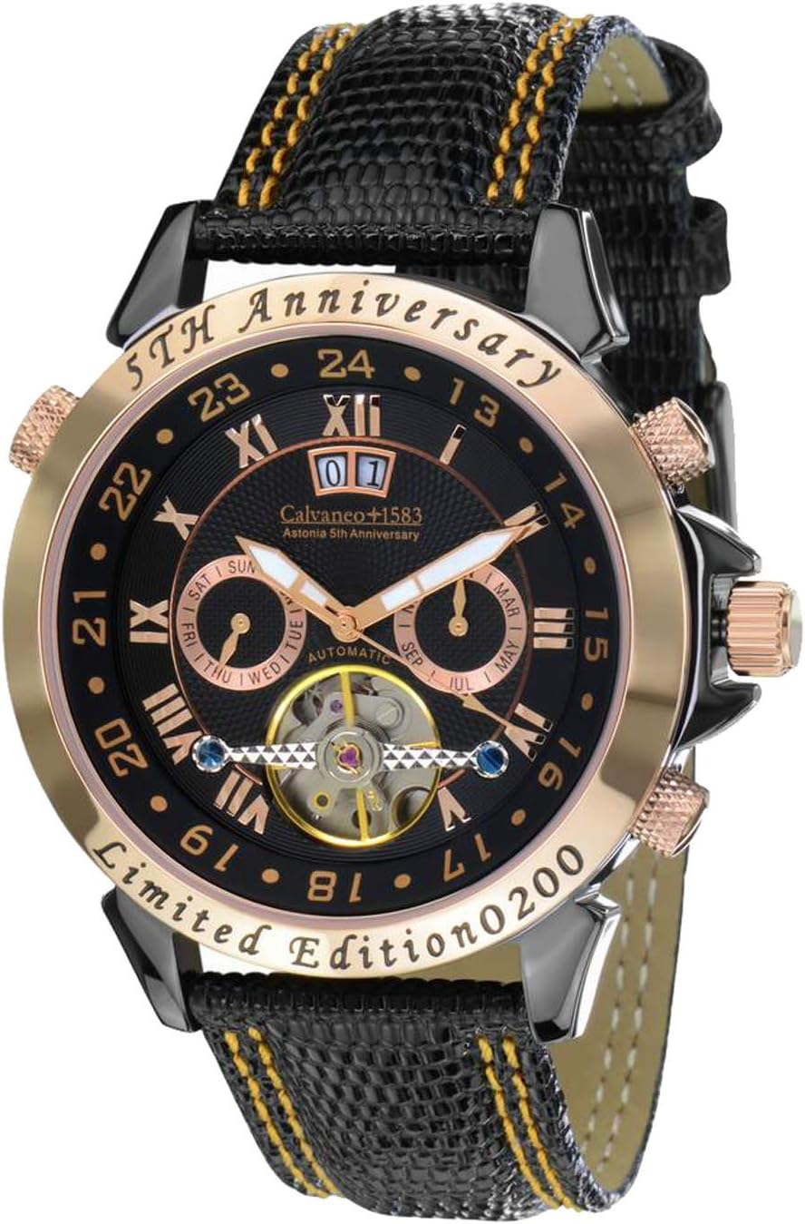 Calvaneo Herren-Armbanduhr Astonia 5th Anniversary Blacknight Rosegold Analog Automatikuhr Leder Schwarz 107641