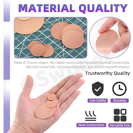 Swpeet 18Pcs 3 Sizes 3/4 6/5 2 Pure Copper Sheet Assortment Kit, 0.02 Thickness Copper Metal Sheet Copper Round Plate for Crafts,DIY, Jewelry, Electrical, Repair, Industrial