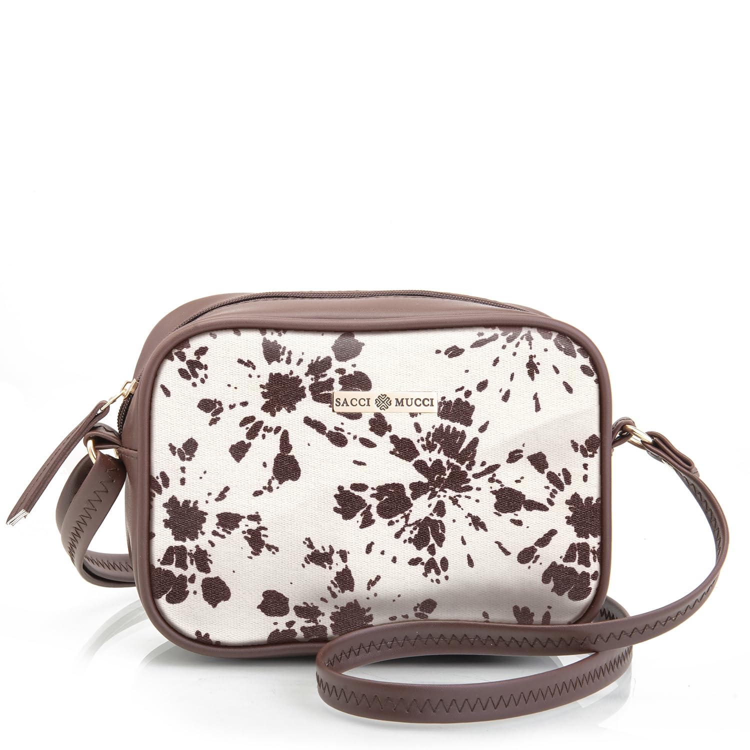 SACCI MUCCI Womens Boxy Sling Bag - 100% Vegan Leather and Coated Duck Canvas Fabric Stylish Crossbody Slingbag For Women - Shibori print (Brown) (B0C7LQY5JD) Amazon Price History, Amazon Price Tracker