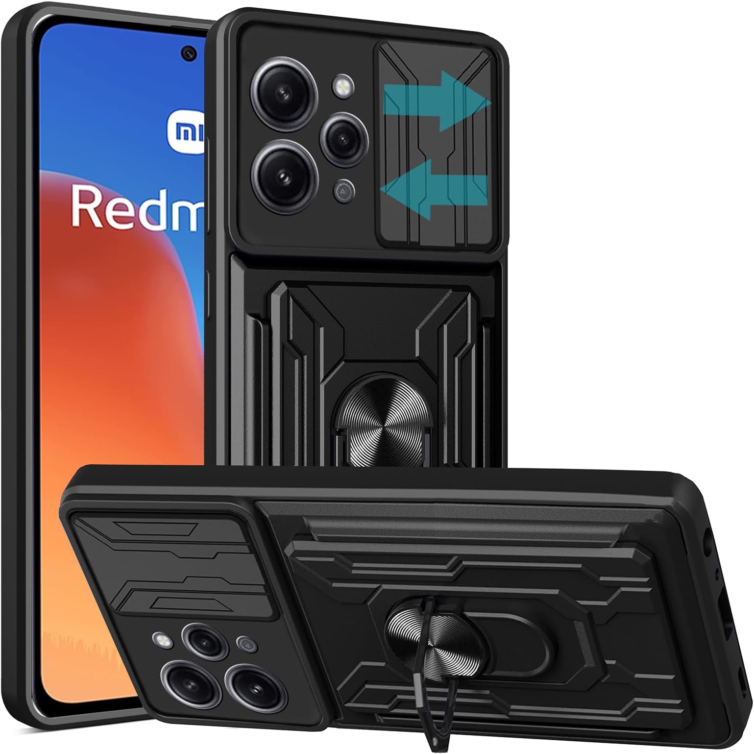 KZIOACSH Case for Xiaomi Redmi 12 4G, TPU+PC Military Grade Anti-Scratch Tough Phone Case Heavy Duty Shockproof Bumper Cover with Built-in Kickstand + Slide Camera Cover + Removable Card Holder, Black