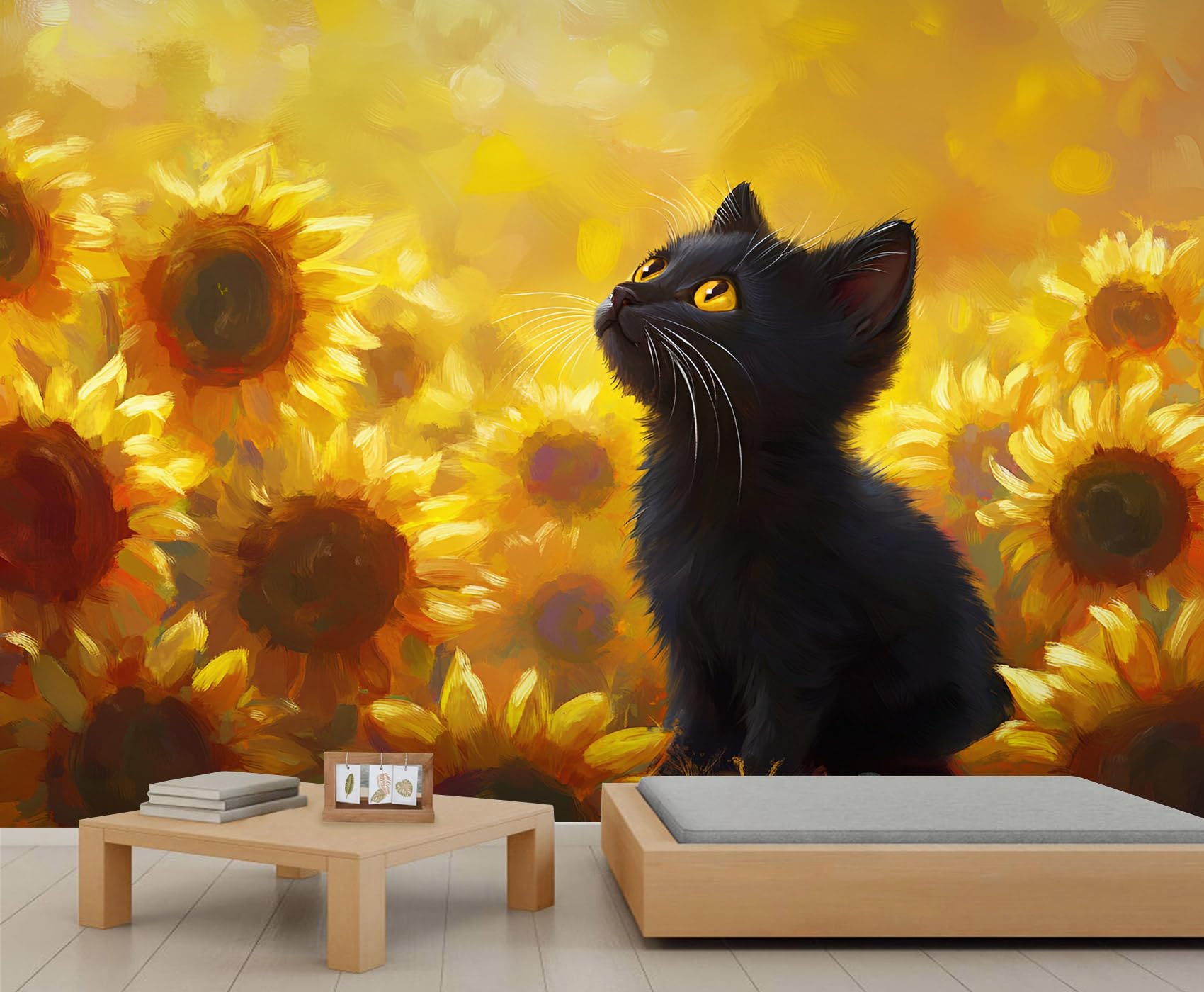 Cat Mural 300x210cm Sunflower Flower Mural Wallpaper Animal Wallpaper for Living Room Cat Wall Decor (Not Peel n' Stick)