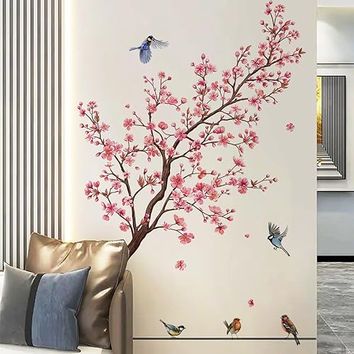 Miniatura 3 de Calcomanías de pared de árbol de flores rosadas, calcomanías de pared de pájaros en ramas, decoración de pared floral rosa, calcomanías de pared