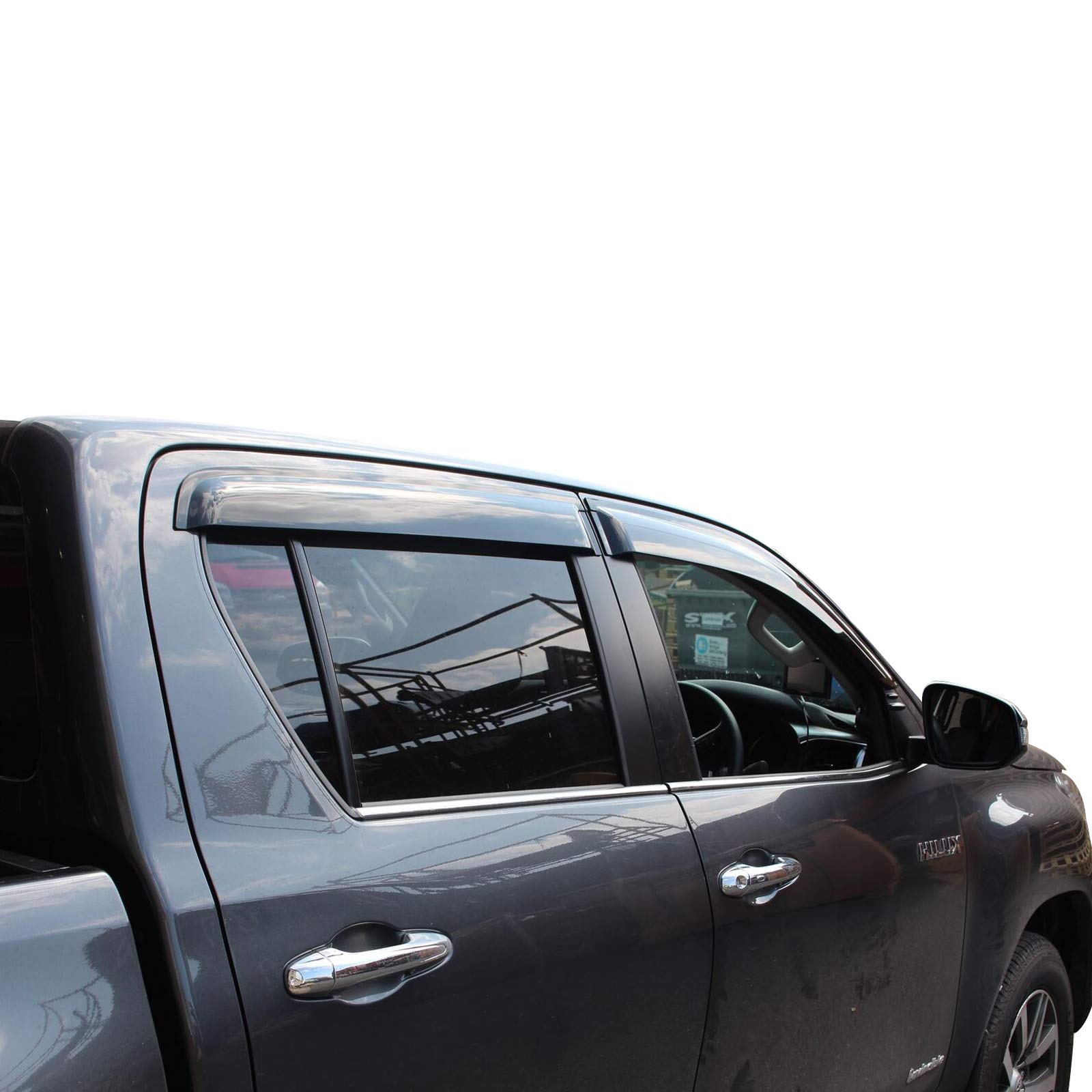 Déflectores de Viento Adhesivos para Toyota Hilux (2016-2026) Double Cab Derivabrisas de Ventana en PMMA Negro Ahumado, Visera Anti-Reflejo y Protección Pluvia (GX, VX, VXL, Invincible, GR Sport)