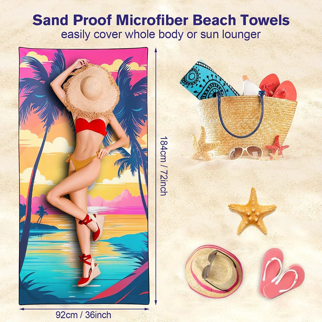 Toalla de playa Sunset de gran tamaño de 36 x 72 pulgadas, toalla de baño tropical ligera de secado rápido para viajes