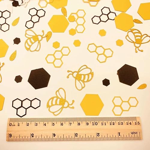 Miniatura 2 de E-ASUM 100 unidades de confeti de abeja, confeti de abeja con purpurina dorada, confeti de punto de abeja amarillo y negro, confeti hexagonal para