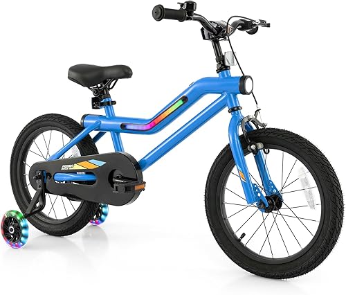 Miniatura 12 de BABY JOY Bicicleta iluminada para niños, bicicleta para niños de 16 y 18 pulgadas con marco iluminado LED de 7 modos, faro, ruedas de entrenamiento