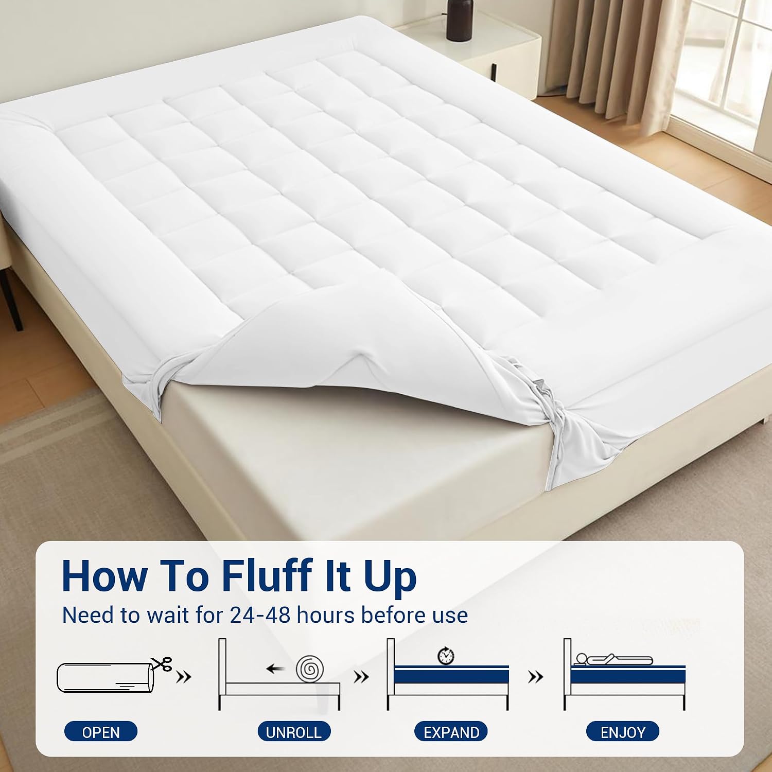 SheRest Breathable and Comfortable Mattress pad for Back Pain Relief. Features a 360° Full Enclosure Design to Prevent Slipping and Shifting（White,Queen 60"x80"）