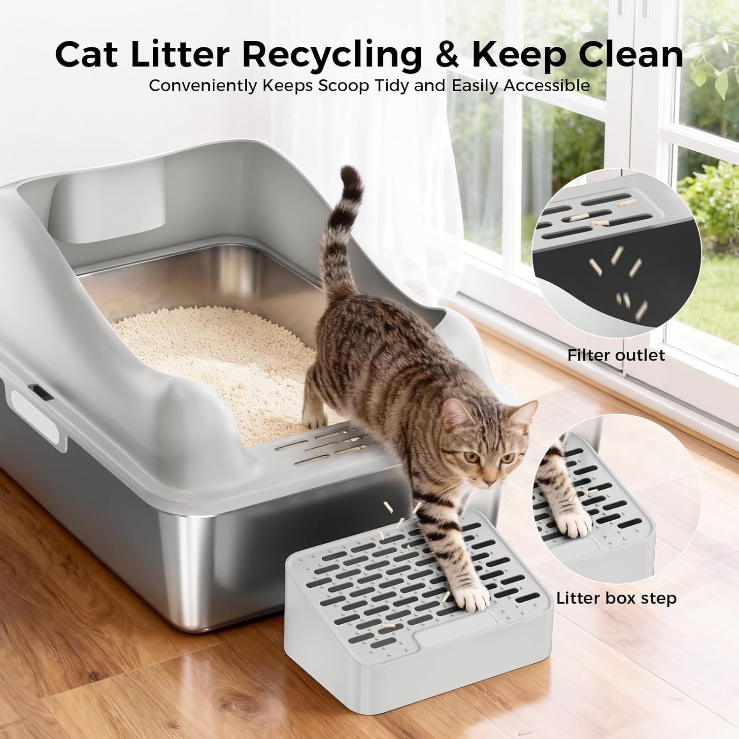 GTPLAYER Stainless Steel Litter Box for Big & Multiple Cats, Easy Clean Odor-Resistant Design, High Sided Leak-Proof Litter Box with Mat & Scoop, Light Gray