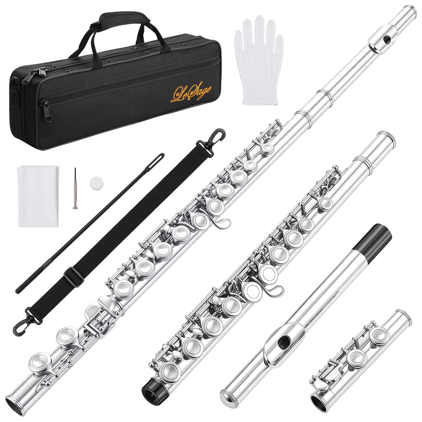 LeSage C Flöten Geschlossenes Loch 16 Schlüssel Silber Nickel Flöte für Anfänger Anfänger Student Schule Band mit Flöte Fall Flöte C Fuß Offset G Y-Arm