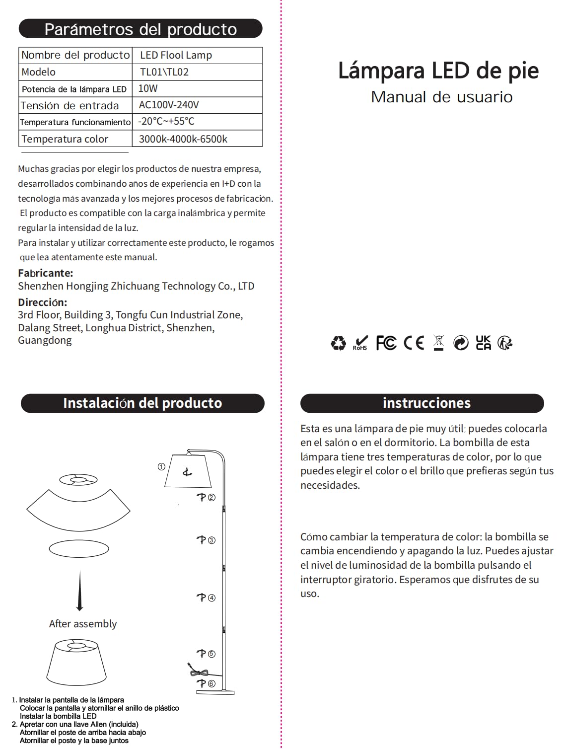 Lámpara de Pie para Salón - 3 Temperaturas de Color & Brillo Ajustable (3000K-6500K, dimmable), moderna con ángulo de luz regulable, interruptor de pie, lámpara de lectura de 170 cm de alt