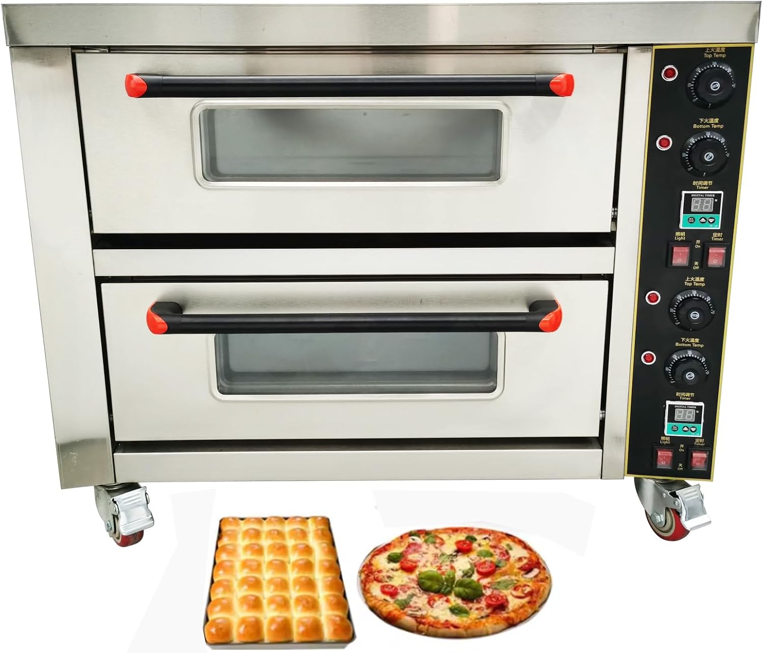 Commercial Pizza Oven Double-decker Electric Oven Commercial Pizza Maker with Universal Wheels for Kitchen 220V Single Phase 6.4KW
