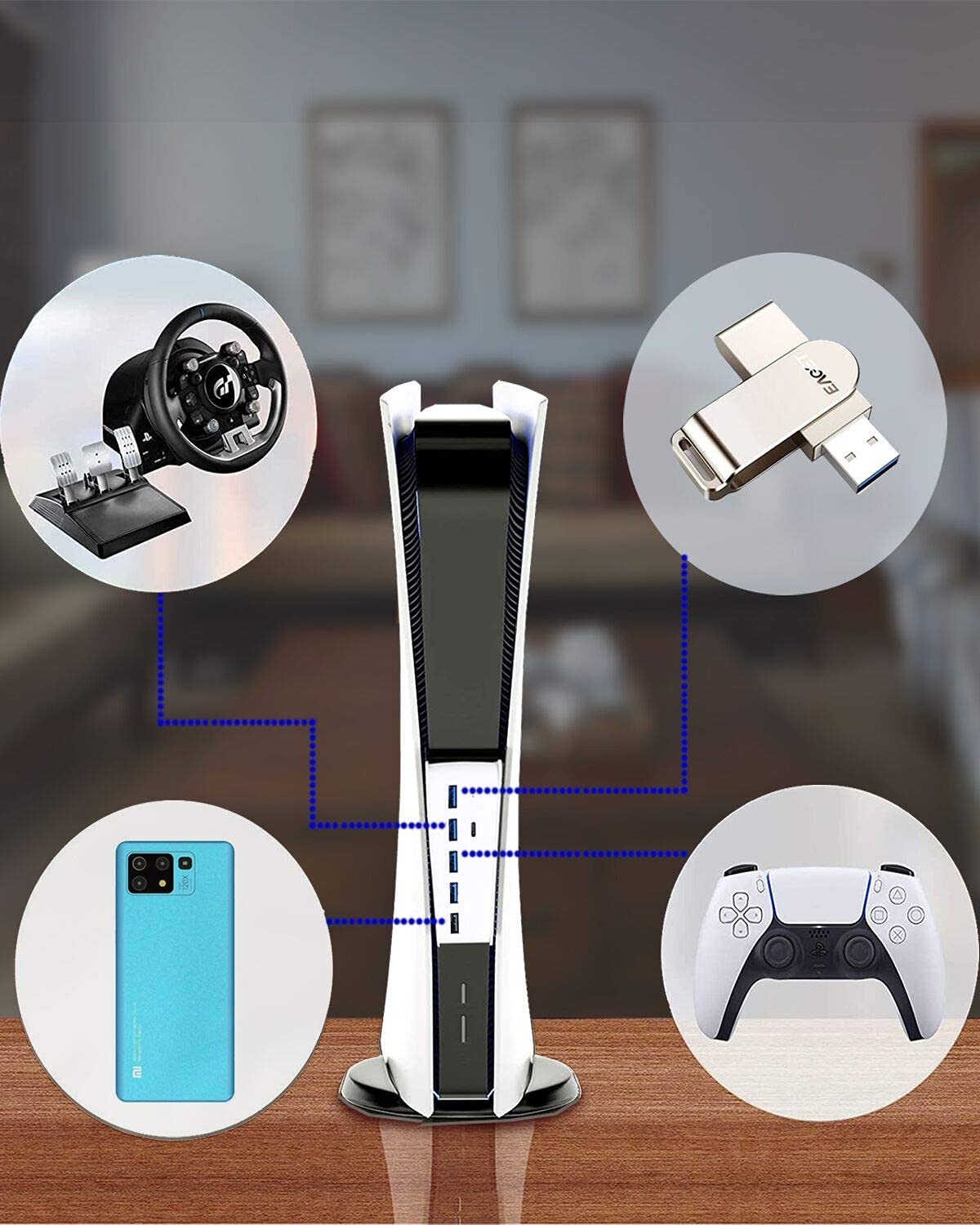Hub USB de 6 puertos para accesorios PS5, adaptador de alta velocidad con 4 USB + 1 puerto USB + 1 puerto de carga USB + 1 puerto tipo C, compatible con consola PlayStation 5 tomas frontales