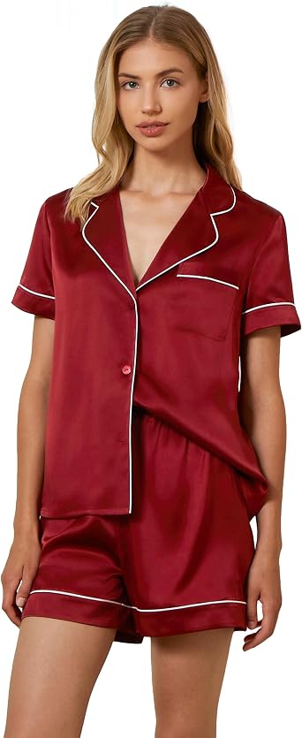Mommesilk Silk Short Pajama Set for Women 100% Real Mulberry Silk Pjs 2 Piece Ladies Washable Cute Silk Sleepwear