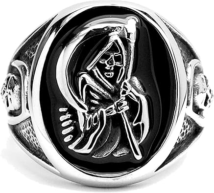 Metal Masters Mens Stainless Steel Casted Grim Reaper Ring with Enamel Sizes 8 to 14