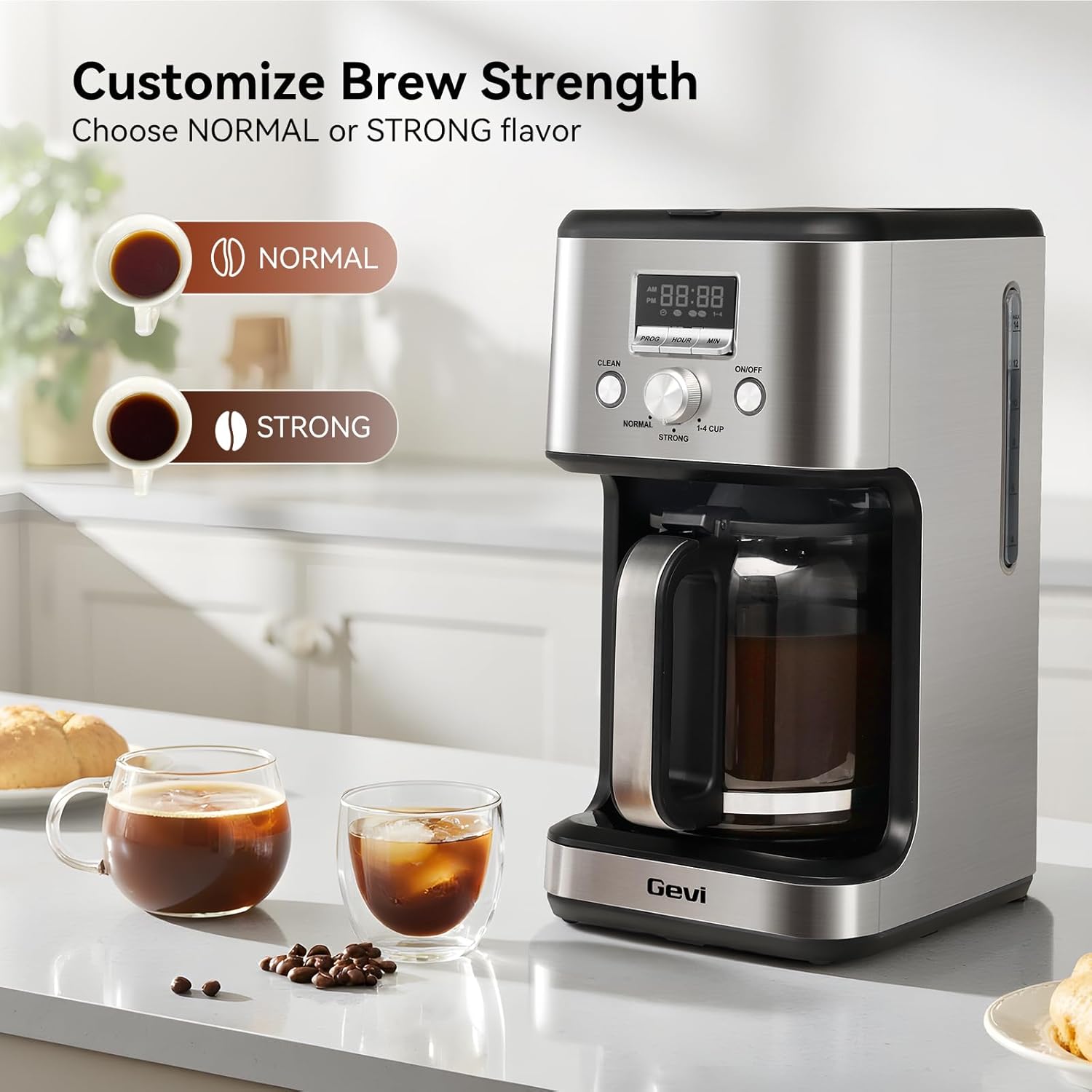 Gevi 14-Cup Programmable Coffee Maker, Drip Coffee Machine with Normal & Strong Brew for Home and Office, Glass Carafe, 2-Hour Keep Warm, Pause & Serve, Auto Shut Off, Silver - Image 5