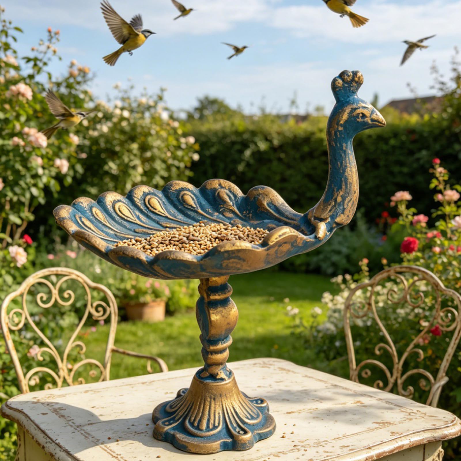 Vogelhalter für den Garten, Gusseisen, Vintage-Futterstation inspirierter Akzent für Terrasse, Hof, Tisch-Display mit Sockel, Ständer, Vogeltablett, antikes Dekor, Innenhof-Ornament-Regal