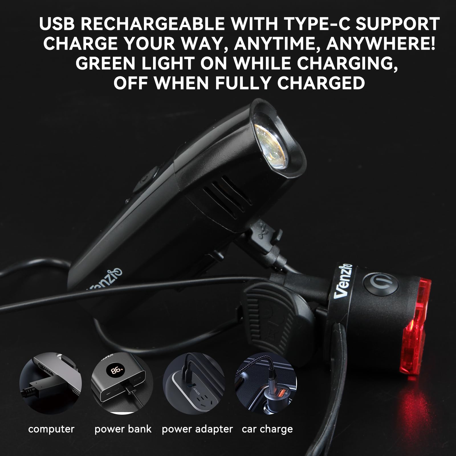Venzio Luci per bici, faro e fanale posteriore per bici ricaricabili USB-C, 6+2 modalità luci anteriori e posteriori per guida notturna, set di luci per bicicletta impermeabili IPX4, accessori per