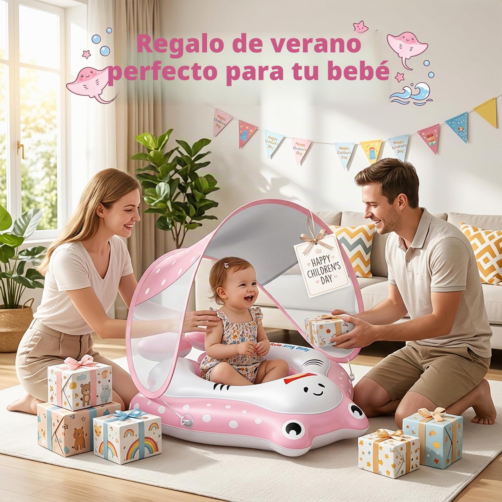Qoosea Anillo de Natación para Bebé de 6 Meses a 3 años, Inflable Anillo de Natación Niños con Dosel Solar Protector UPF50+, Flotador para Bebé, Boya de Verano Agua Juguete Boya Piscina