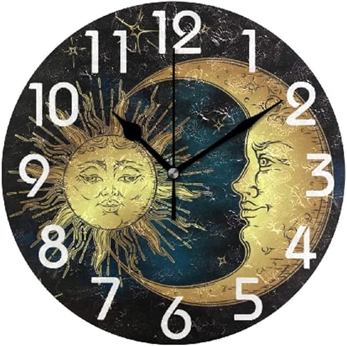 Reloj de pared de madera con luna y estrellas con sol dorado de estilo antiguo de 10 pulgadas silencioso sin tictac funciona con pilas para sala de