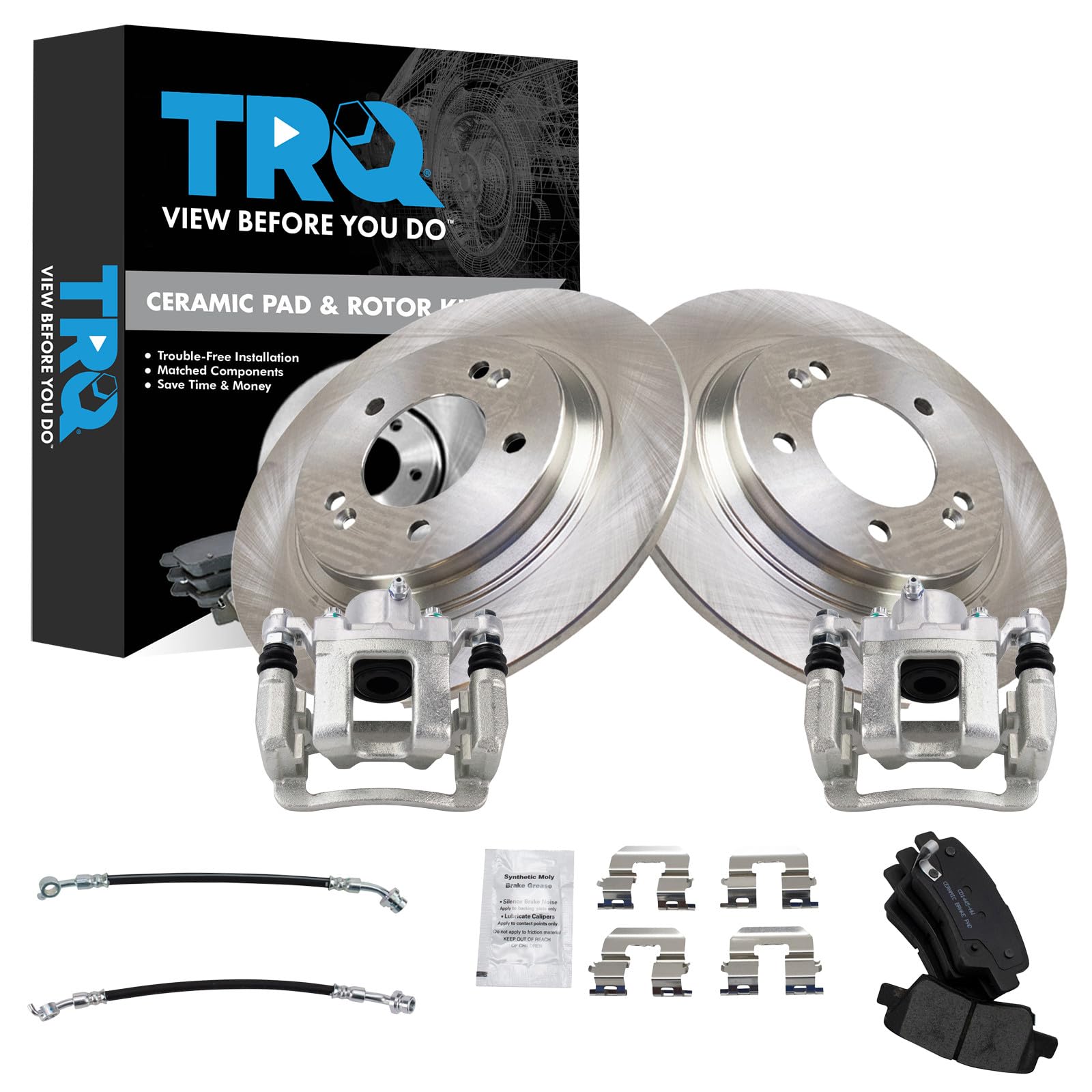 TRQ Rear Brake Pad and Rotor Set Ceramic Rotors Calipers Compatible with 2014 Kia Optima