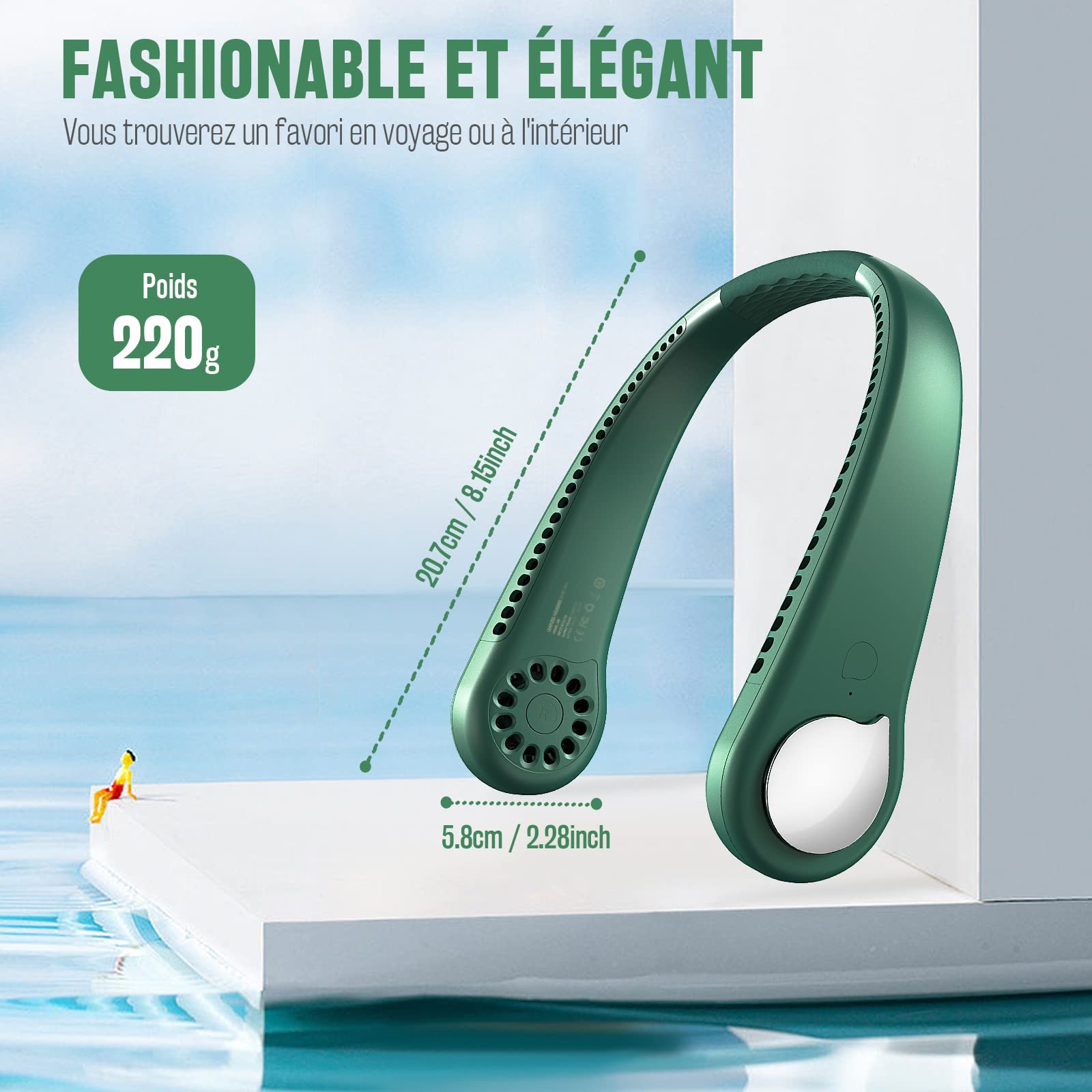 Portable USB Ventilateur de cou sans lame Silencieux avec flux d’air à 360°, personnel Mini Mobile Collier Ventilateur Nuque Refroidisseur Rechargeable USB Fan pour Bureau Domicile Voyage En Plein Air