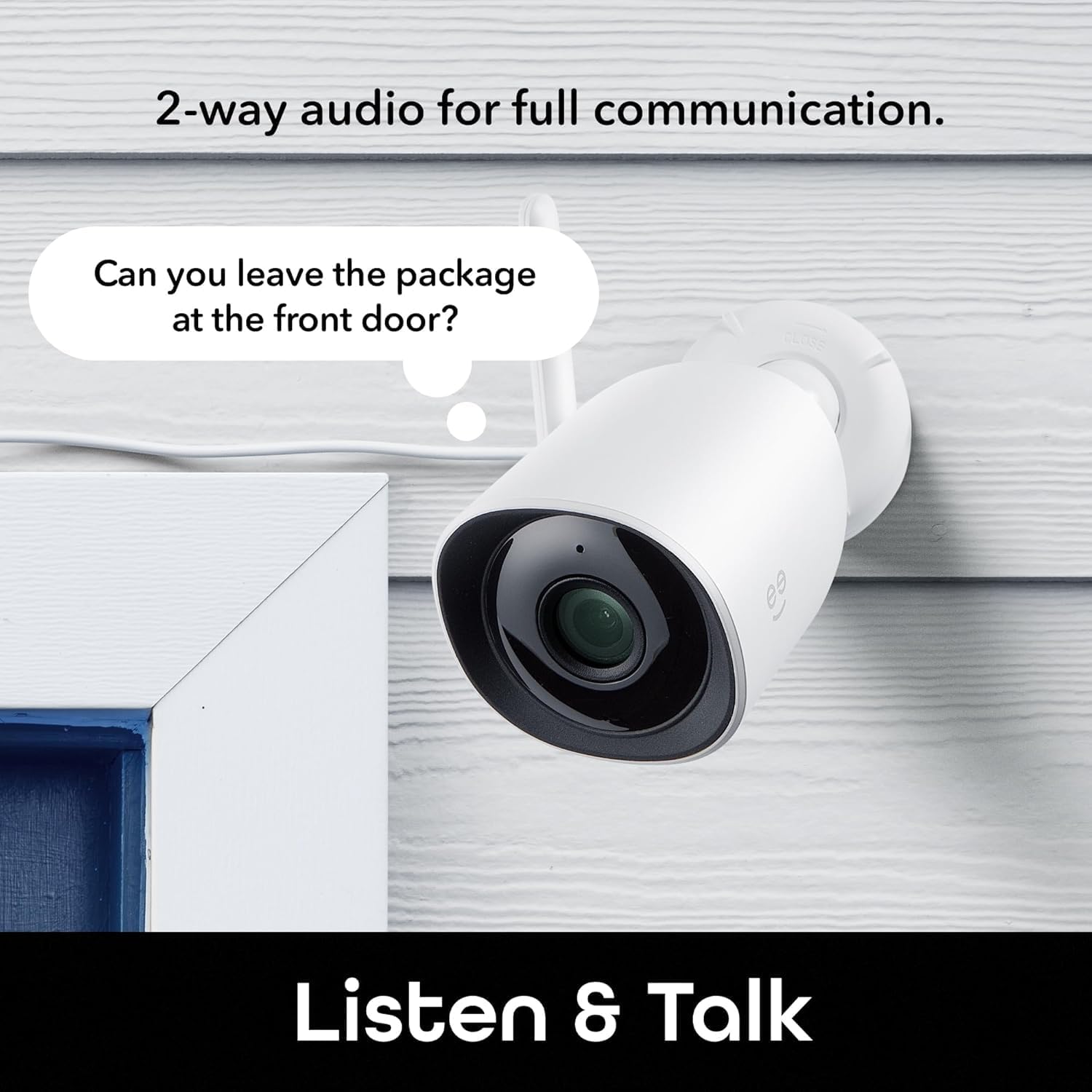 Geeni Hawk 2 camera mounted outdoors with a speech bubble saying 'Can you leave the package at the front door?'