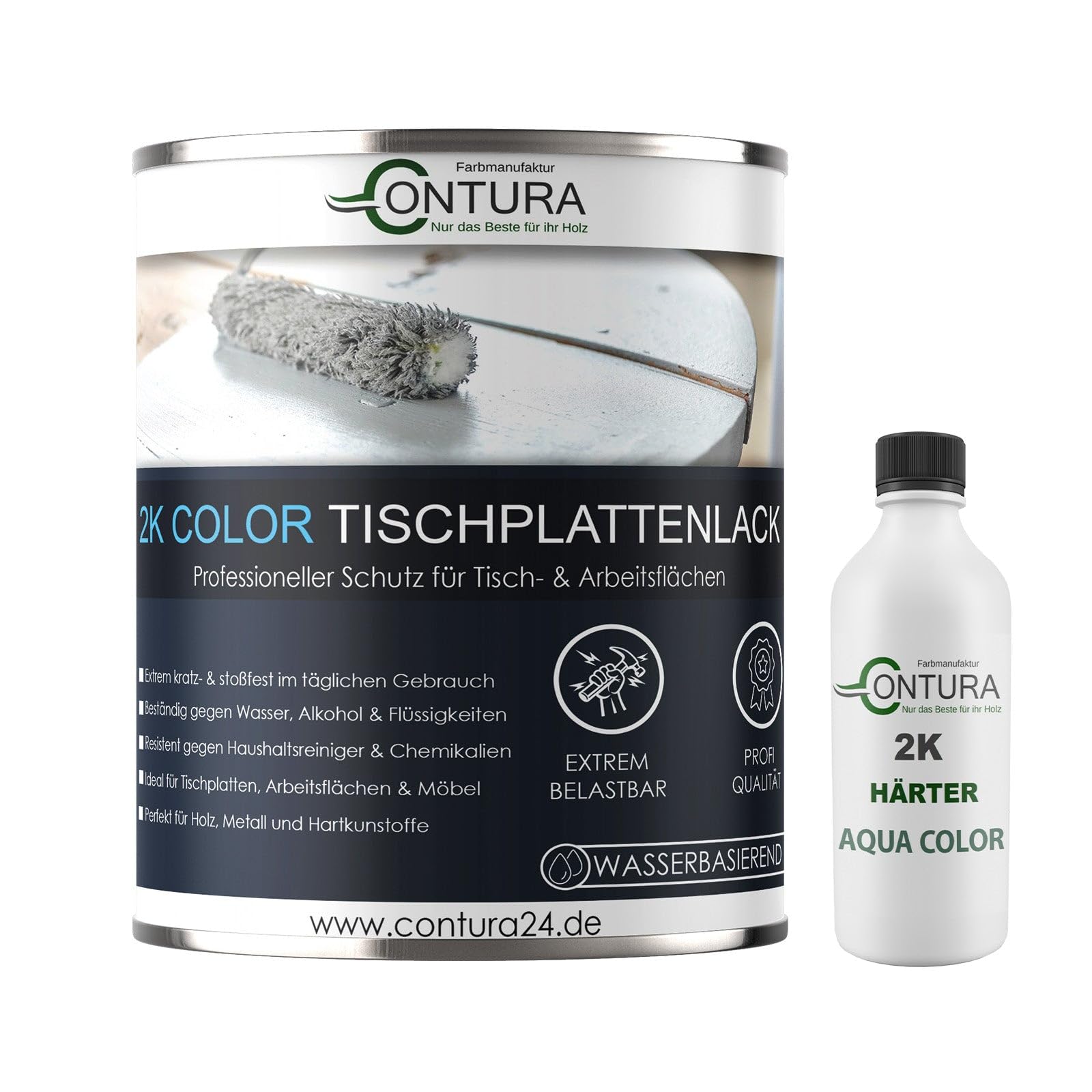 Contura 2K Hartlack Tischplattenlack Seidenmatt Color Set 2 Komponenten Farbe Thekenlack Buntlack (RAL 7016 - Anthrazit Grau, 750ml.)