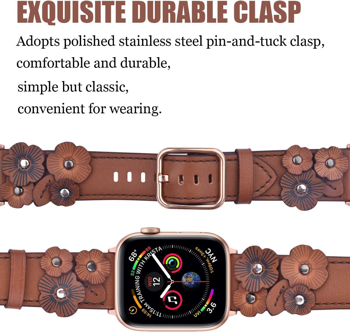 V-MORO Flowers Leather Bands Compatible with Apple Watch Bands 38mm 40mm Series 5/4/3/2 with Stainless Steel Buckle Rose Gold Replacement Strap Wristbands Women (Vintage Brown-38mm)