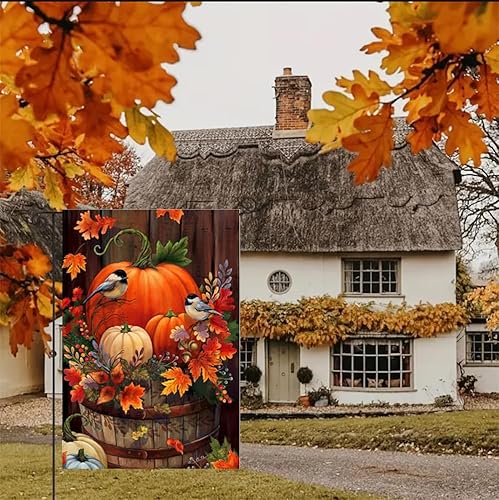 Miniatura 5 de Bandera de jardín de cosecha de Acción de Gracias de otoño, 12.5 x 18 pulgadas, bandera de temporada de doble cara para patio, calabaza, Halloween,