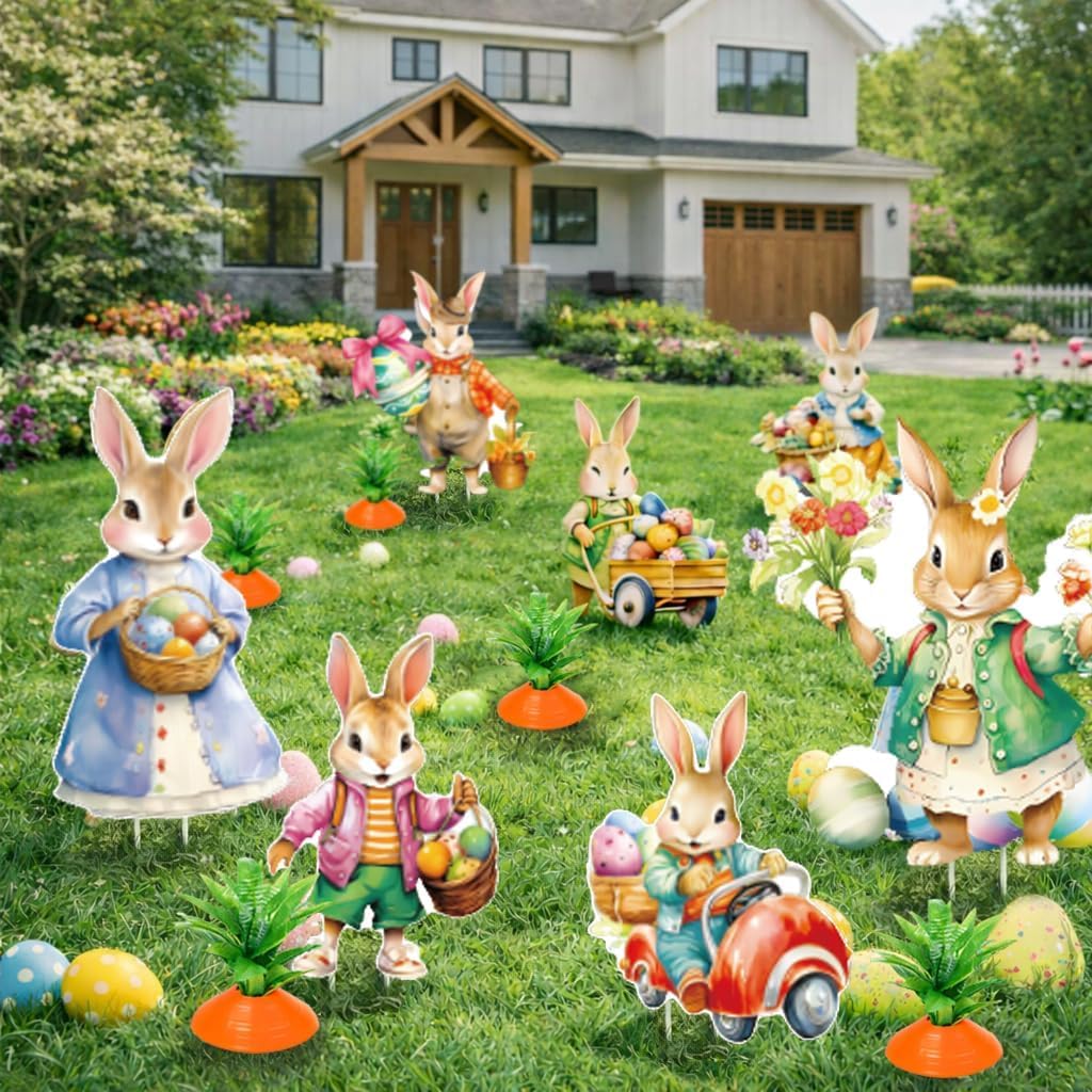 Decoración Pascua Jardín Exterior 8 Piezas Conejos de Pascua con Estacas, Decoración Primavera para Césped Patio Terraza, Adornos Pascua Exterior para Niños, Fiesta Easter Egg Hunt