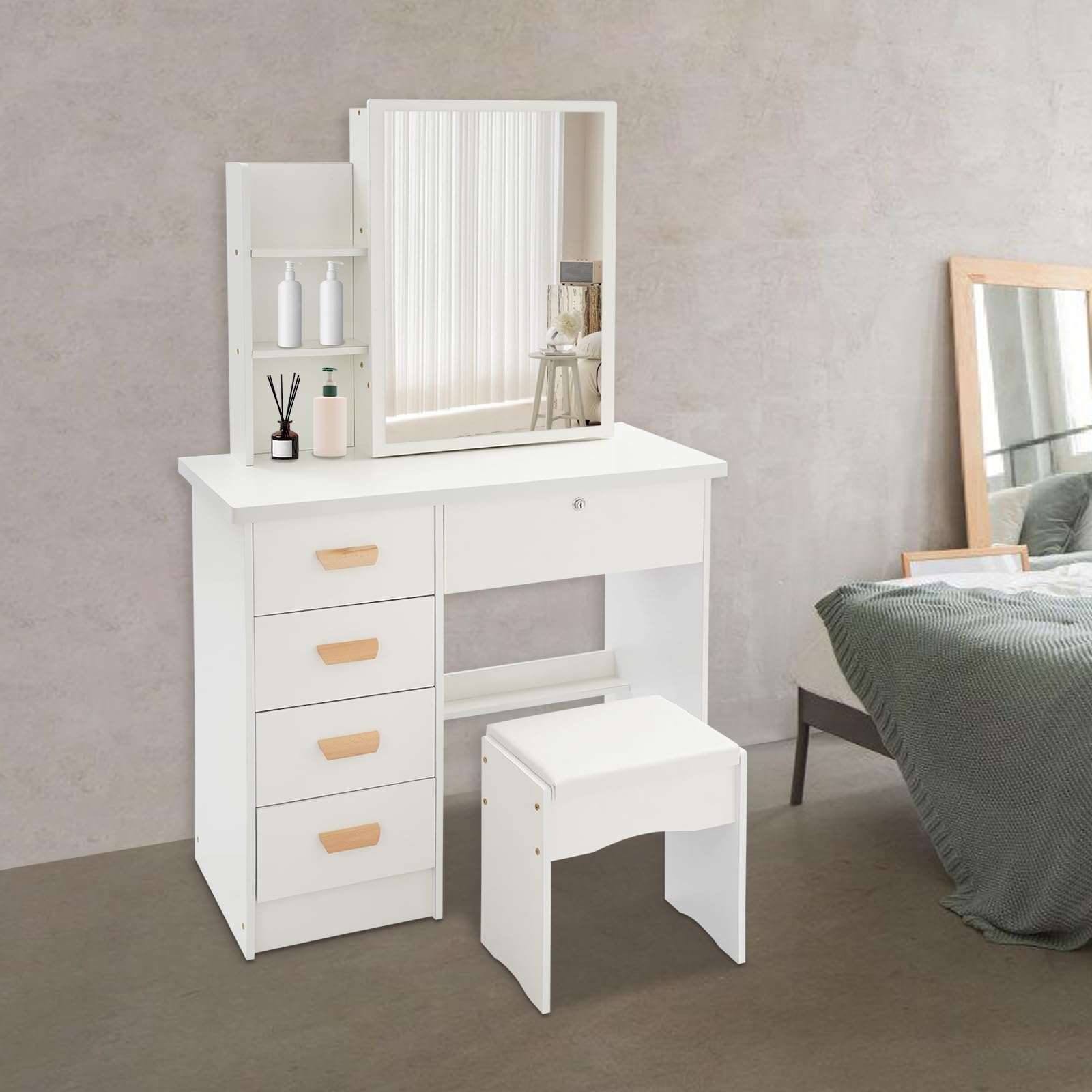 Tocador con espejo, mesa de maquillaje 5 cajones, 80 × 35 × 128 cm, con taburete, hasta 100 kg, blanco | moderno | con cerradura