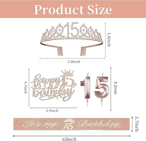 Miniatura 6 de Decoraciones de cumpleaños de 15años para niñas banda, coronatiara, velas y adorno para pastel de cumpleaños de 15años regalos y decoraciones de
