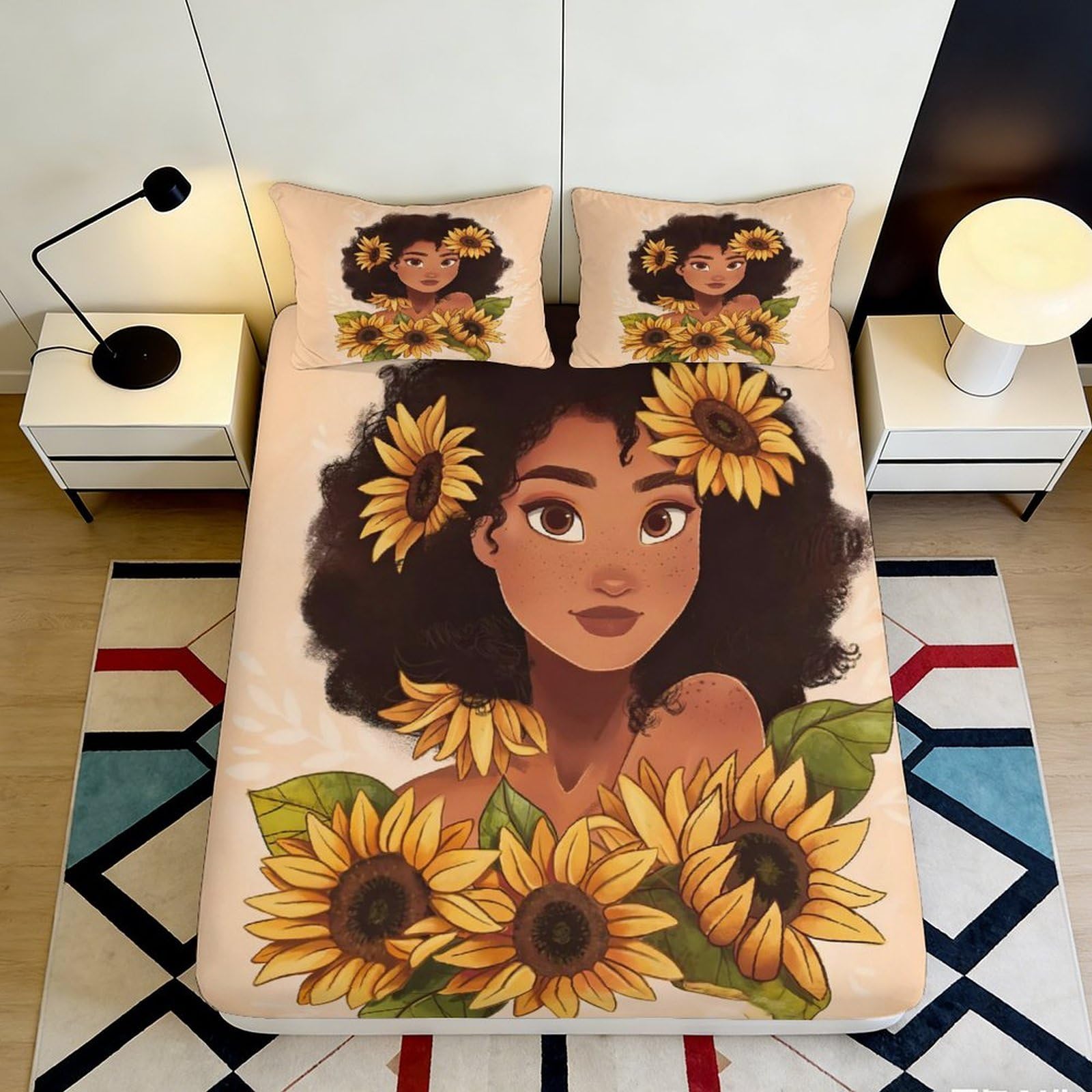 Decorative Sunflower Girl 3D Printed Fitted Sheet Microfiber soft touch, wrinkle resistant, bedroom apartment bedding, easy to remove 90x200x25cm