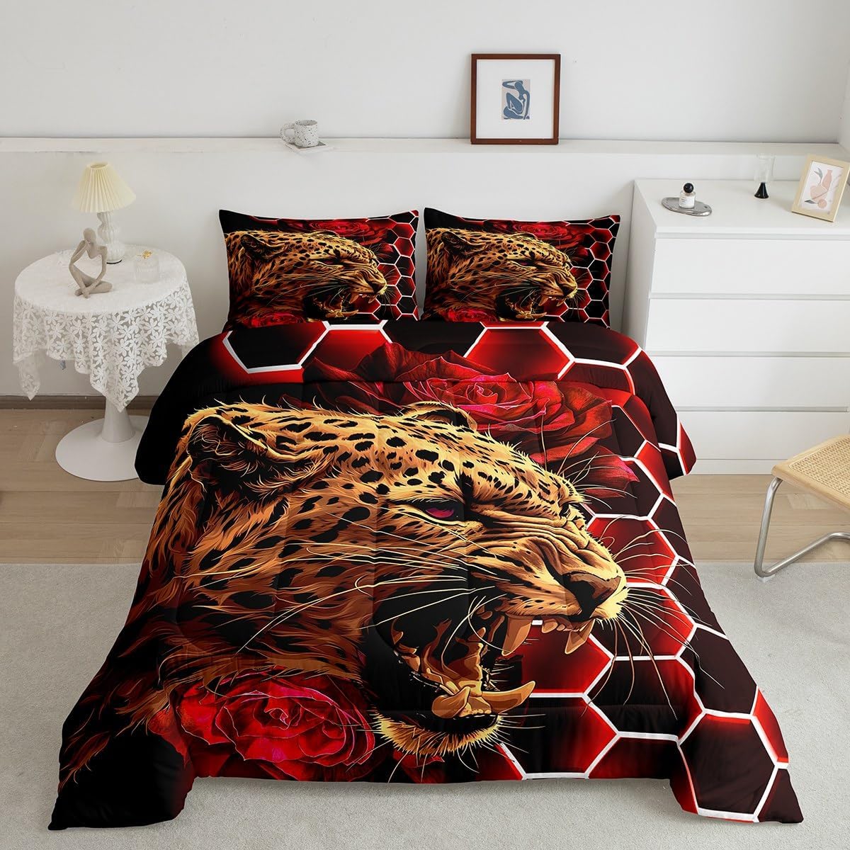 Feelyou Honeycomb Comforter Set Full Size Kids Ombre Hexagonal Geometrical Comforter for Boys Girls Teens Beehive Bedding Set Green Black Duvet Set Room Decor