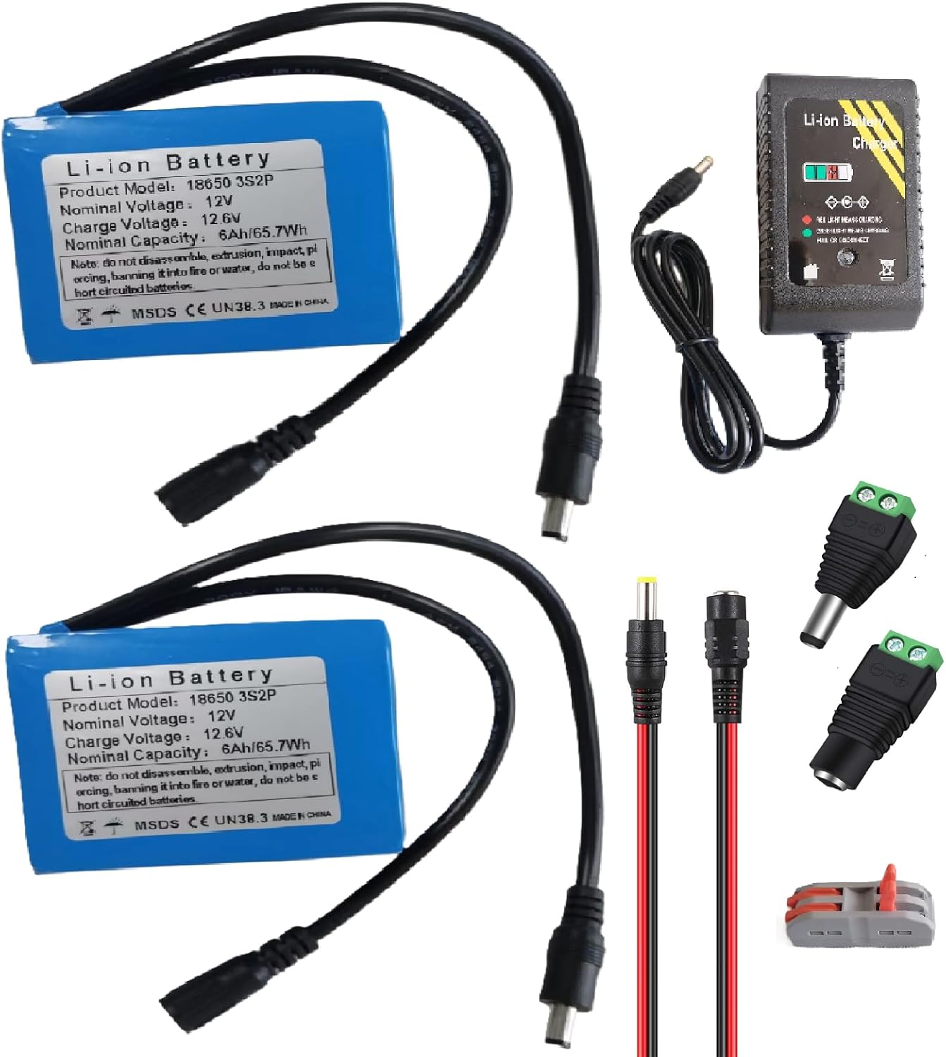 12V 6Ah Rechargeable Li-ion Batteries 2 Pack with DC5521 Connector Kit and 2A Fast Charger for CCTV Camera, LED Strip, Router, DIY Electronics Project