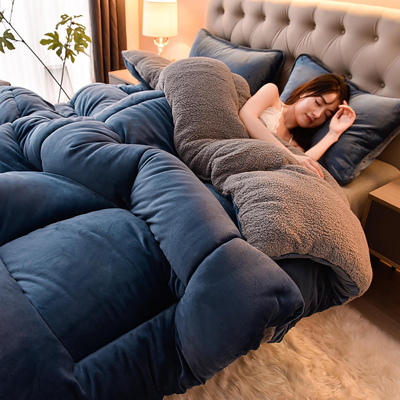PRELGOSP Warm Cashmere Quilt, Winter Lambs Wool Blanket, Fluffy Wool Filled Duvet Pretty Warm On Cold Nights,blue,150x200cm/3.5kg