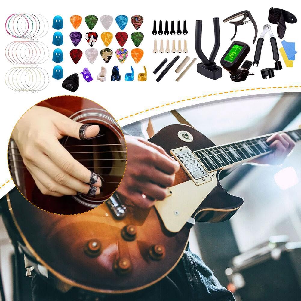 Kit d'accessoires de guitare, outil de changement de guitare acoustique, y compris cordes acoustiques, médiators, capodastre, enrouleur de cordes et coupe-cordes, accordeur, os de guitare, pour