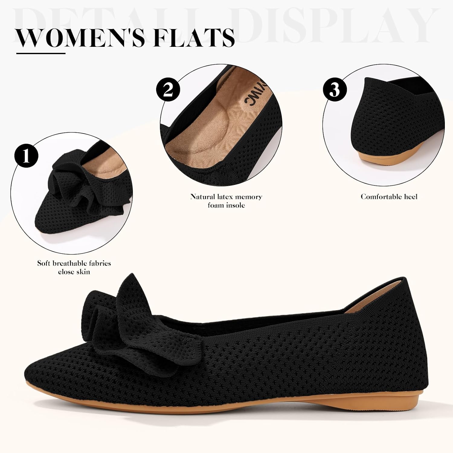 Women's Flat Shoes Fashion Comfortable Knit Pointed Toe Washable Ruffle Ballet Flats with Soft Insole Arch Support