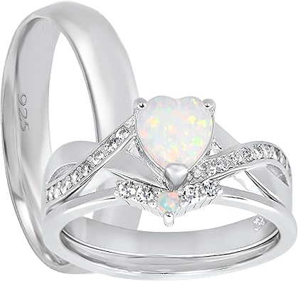 LaRaso & Co His Her Wedding Ring Set 3 Piece Trio Opal Sterling Silver Couples Bands