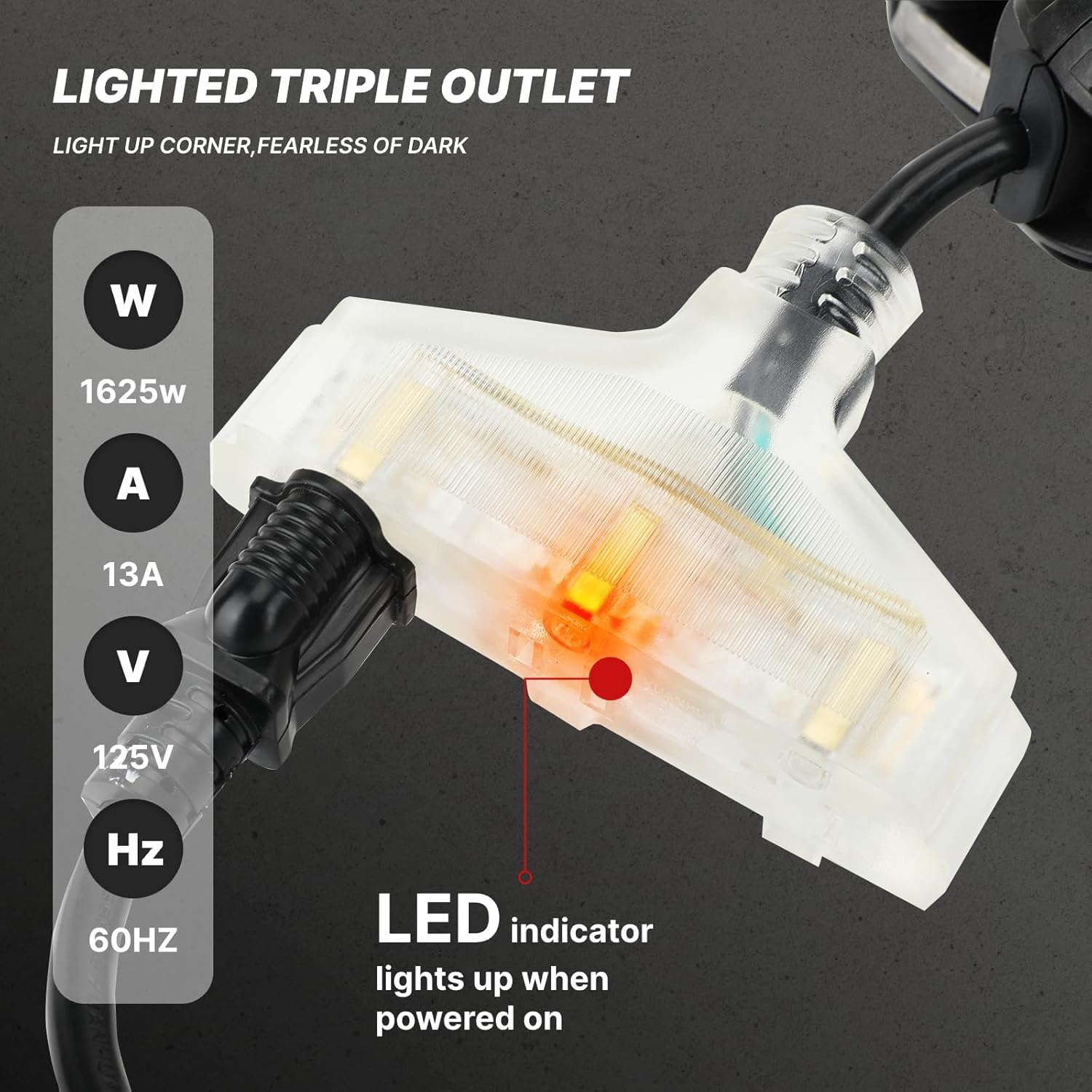 75FT Retractable Extension Cord Reel, 14AWG/3C SJTOW Heavy Duty Power Cord with Lighted Triple Tap Outlet, 13AMP, Swivel Removable Bracket for Wall/Ceiling Mount, UL Listed