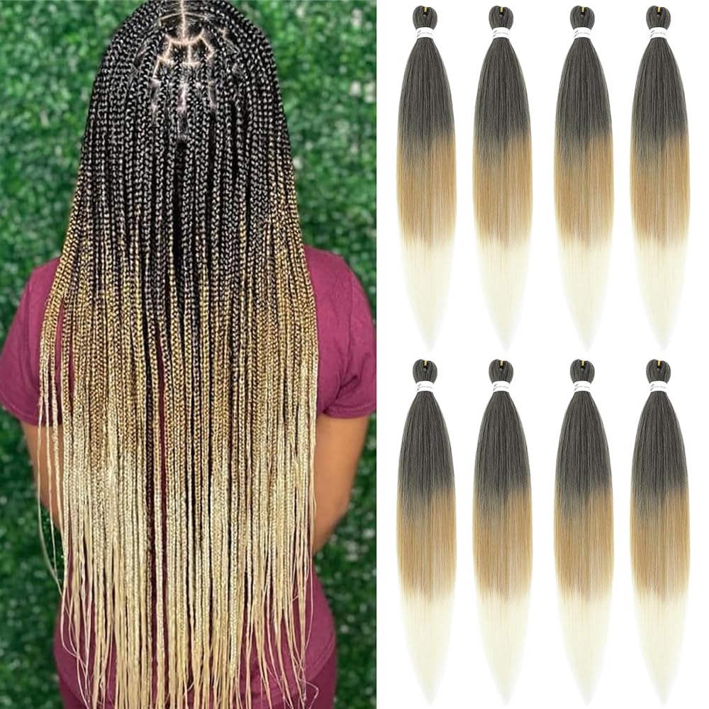 Ombre Braiding Hair Pre Stretched 30 Inch Brown Blonde 8 Packs Easy Braids Hot Water Setting Synthetic Braiding Hair Extensions Crochet Hair Braiding Twist(30 inch-8Pcs, 1B-27-613)