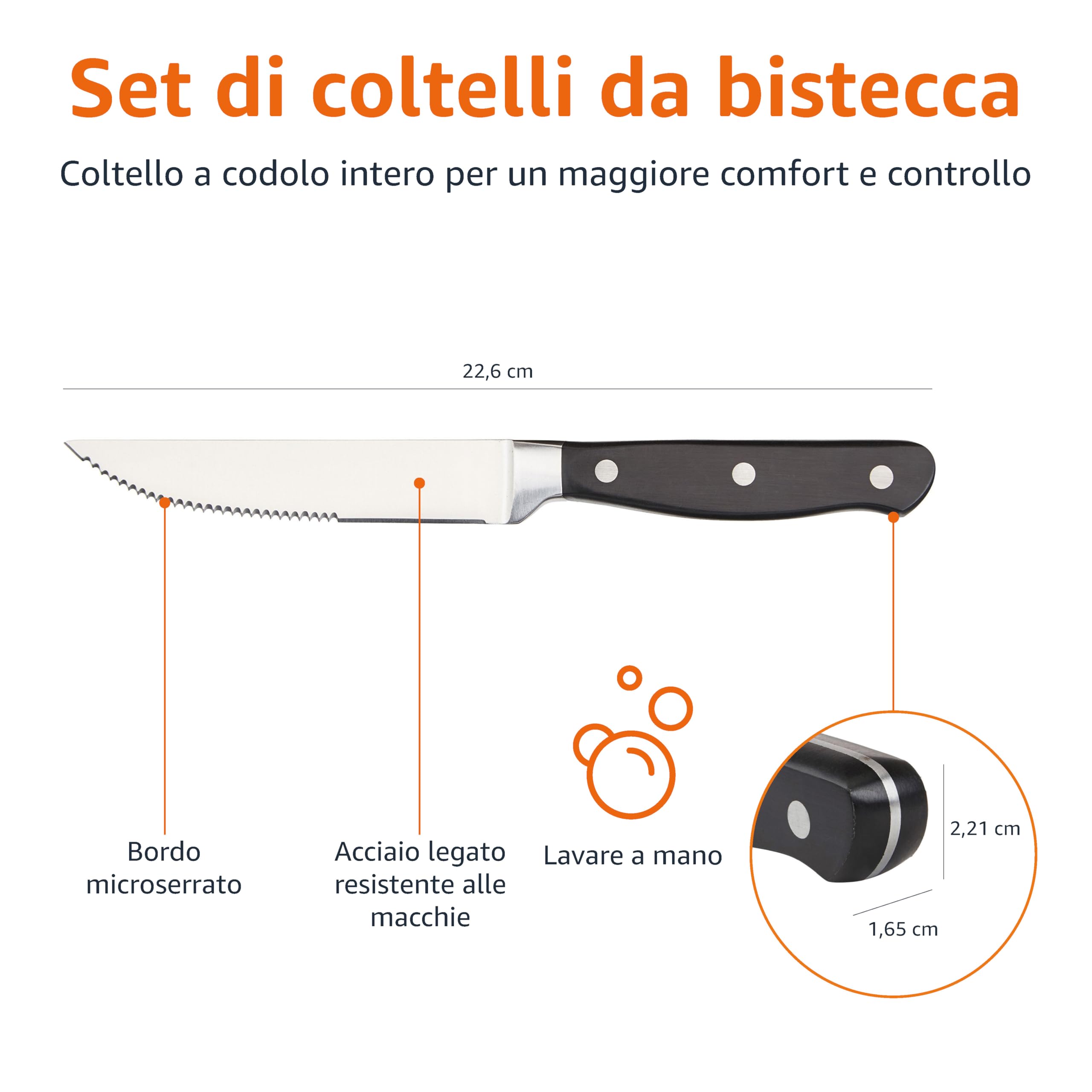Amazon Basics Set Premium di coltelli da carne, 8 pezzi, Nero/acciaio inossidabile