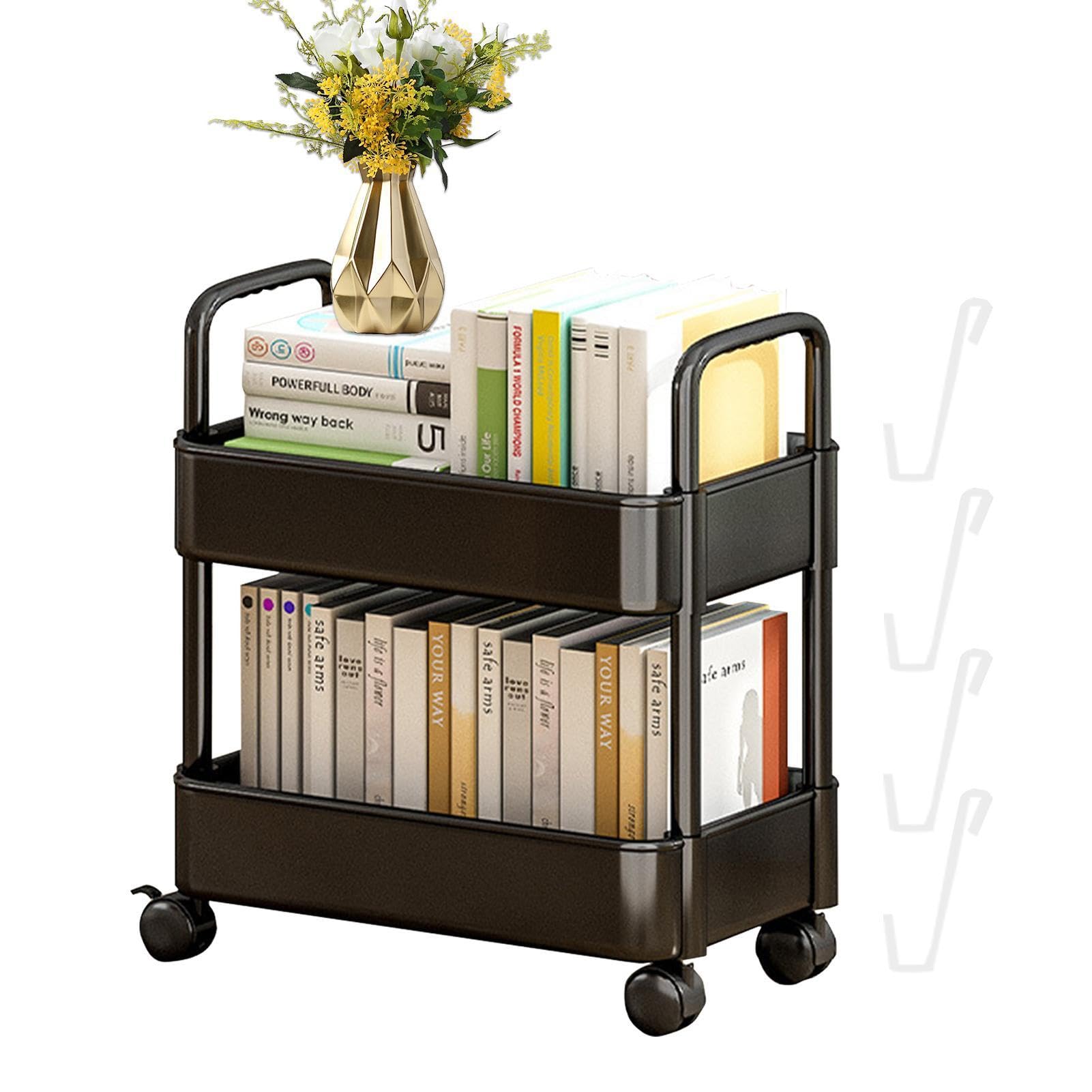Rollwagen mit 2 Etagen, Rollwagen auf Rädern, 2-stöckiger Mehrzweckwagen, 2-stöckiger Rollwagen, Bücherwagen, bewegliches Bücherregal mit Rollen, mobiler Buchwagen, Organizer, Bücherregale