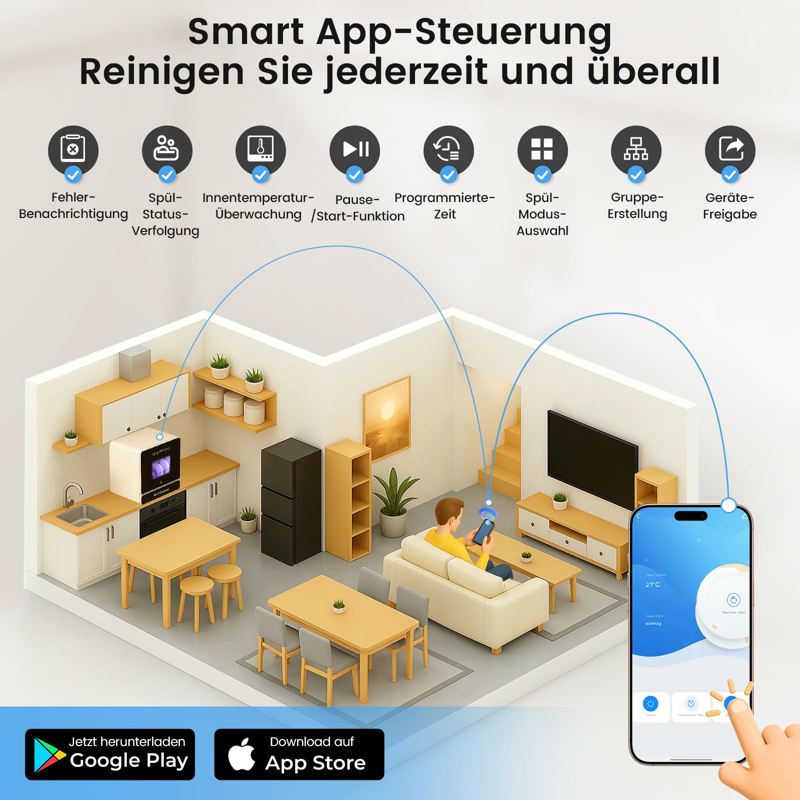 BLITZHOME Mini Geschirrspüler 9 Programme Tischgeschirrspüler 5,2L Wassertank Smart App Steuerung